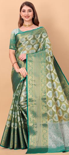 Traditional Green color Saree in Organza Silk, Silk fabric with South Weaving work : 1811665