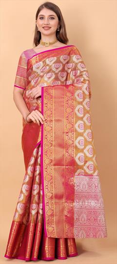 Traditional Gold color Saree in Organza Silk, Silk fabric with South Weaving work : 1811667