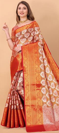Traditional Gold color Saree in Organza Silk, Silk fabric with South Weaving work : 1811669