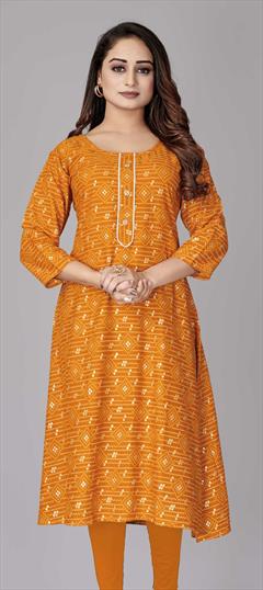 Casual Orange color Kurti in Rayon fabric with Long Sleeve, Straight Printed work : 1811680