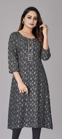 Casual Black and Grey color Kurti in Rayon fabric with Long Sleeve, Straight Printed work : 1811681