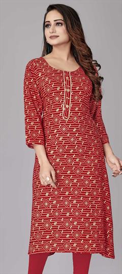 Casual Red and Maroon color Kurti in Rayon fabric with Long Sleeve, Straight Printed work : 1811682