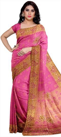 Traditional, Wedding Pink and Majenta color Saree in Kanchipuram Silk, Silk fabric with South Bugle Beads, Weaving, Zircon work : 1811816