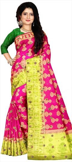 Traditional, Wedding Pink and Majenta color Saree in Kanchipuram Silk, Silk fabric with South Stone, Weaving work : 1811819