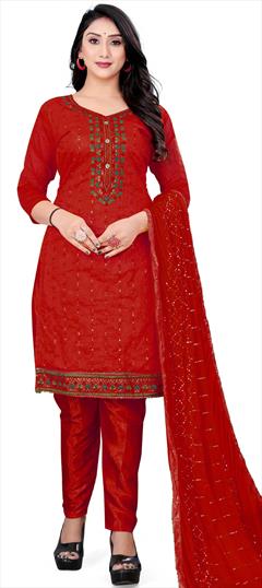 Casual Red and Maroon color Salwar Kameez in Chanderi Silk fabric with Straight Embroidered, Resham, Thread work : 1811938