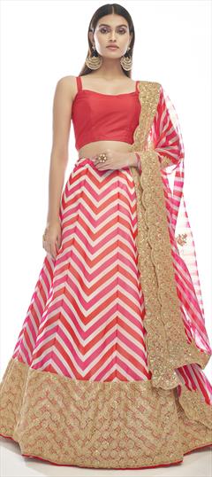 Engagement, Reception, Wedding Pink and Majenta color Lehenga in Organza Silk fabric with A Line Printed, Sequence, Thread work : 1812008