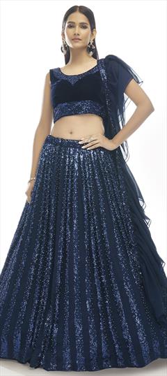 Engagement, Reception, Wedding Blue color Lehenga in Velvet fabric with A Line Moti, Sequence work : 1812011