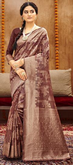 Traditional Beige and Brown color Saree in Cotton fabric with South Weaving work : 1812186