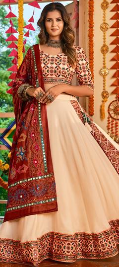 Wedding Beige and Brown color Lehenga in Muslin fabric with A Line Embroidered, Mirror, Printed, Thread work : 1812293