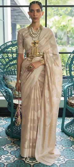 Traditional Beige and Brown color Saree in Chanderi Silk, Silk fabric with South Embroidered, Sequence work : 1812329