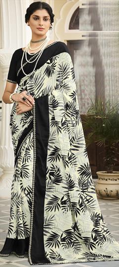 Casual, Party Wear Black and Grey, White and Off White color Saree in Georgette fabric with Classic Printed work : 1812350