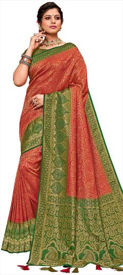 Traditional Green, Red and Maroon color Saree in Art Silk, Silk fabric with South Weaving work : 1812360