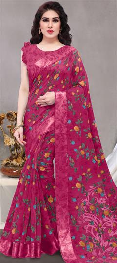 Casual, Traditional Pink and Majenta color Saree in Cotton fabric with Bengali Floral, Printed work : 1812401