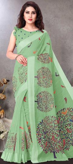 Casual, Traditional Green color Saree in Cotton fabric with Bengali Printed work : 1812453