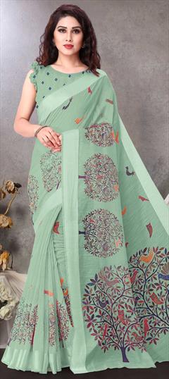 Casual, Traditional Green color Saree in Cotton fabric with Bengali Printed work : 1812456