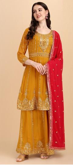 Mehendi Sangeet, Reception Yellow color Long Lehenga Choli in Georgette fabric with Embroidered, Lace, Sequence work : 1812903