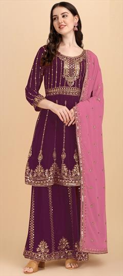 Mehendi Sangeet, Reception Purple and Violet color Long Lehenga Choli in Georgette fabric with Embroidered, Lace, Sequence work : 1812904