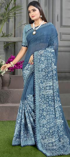 Festive, Party Wear Black and Grey color Saree in Georgette fabric with Classic Floral, Lace, Printed work : 1812909