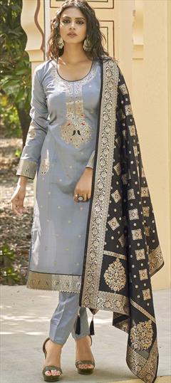 Party Wear Black and Grey color Salwar Kameez in Banarasi Silk fabric with Straight Weaving, Zari work : 1813019