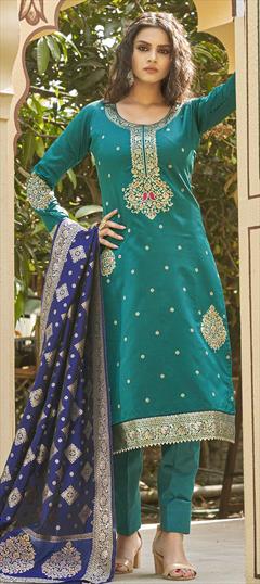 Party Wear Blue color Salwar Kameez in Banarasi Silk fabric with Straight Weaving, Zari work : 1813020