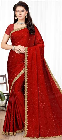 Traditional, Wedding Red and Maroon color Saree in Art Silk, Silk fabric with South Stone work : 1813400