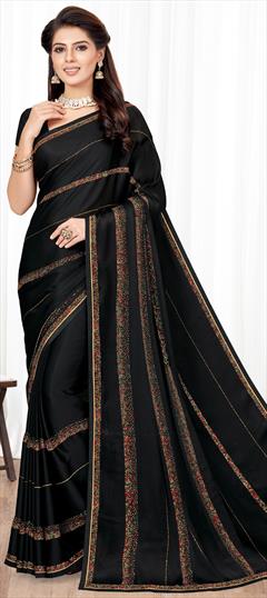 Traditional, Wedding Black and Grey color Saree in Satin Silk, Silk fabric with South Stone work : 1813403