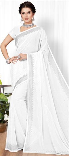 Reception, Traditional White and Off White color Saree in Georgette fabric with Classic Stone work : 1813411
