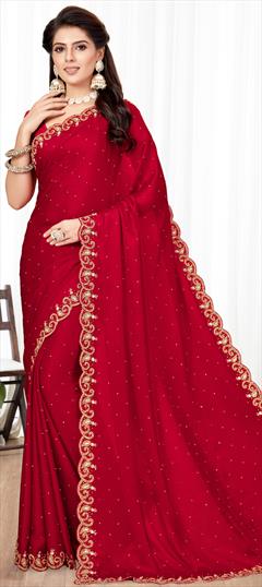 Traditional, Wedding Red and Maroon color Saree in Satin Silk, Silk fabric with South Stone work : 1813413
