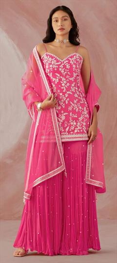 Mehendi Sangeet, Reception Pink and Majenta color Salwar Kameez in Georgette fabric with Sharara Embroidered, Sequence, Thread work : 1813478