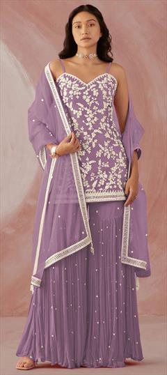 Designer, Mehendi Sangeet, Reception Purple and Violet color Salwar Kameez in Georgette fabric with Sharara Embroidered, Sequence, Thread work : 1813483