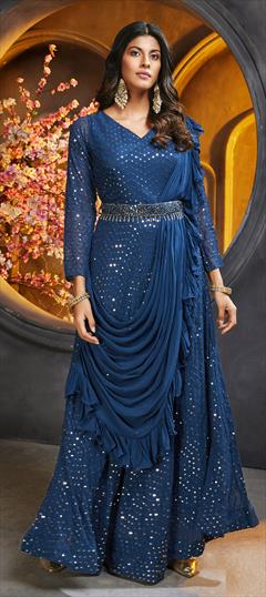 Festive, Party Wear Blue color Gown in Georgette fabric with Embroidered, Sequence, Thread work : 1813539