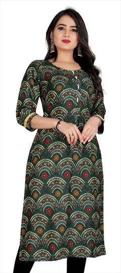 Casual Green color Kurti in Rayon fabric with Long Sleeve, Straight Printed work : 1813559