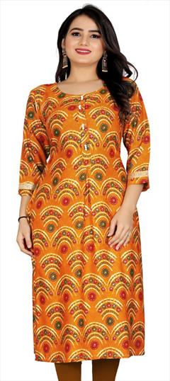 Casual Yellow color Kurti in Rayon fabric with Long Sleeve, Straight Printed work : 1813561