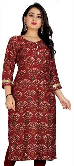 Casual Red and Maroon color Kurti in Rayon fabric with Long Sleeve, Straight Printed work : 1813562