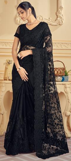 Party Wear, Reception Black and Grey color Saree in Net fabric with Classic Embroidered, Moti, Stone, Thread work : 1813566