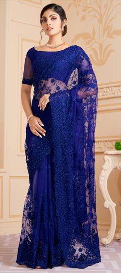 Party Wear, Reception Blue color Saree in Net fabric with Classic Embroidered, Moti, Stone, Thread work : 1813571