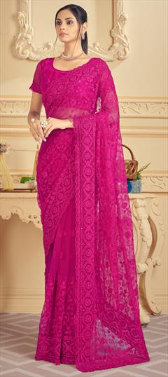 Party Wear, Reception Pink and Majenta color Saree in Net fabric with Classic Embroidered, Moti, Stone, Thread work : 1813572