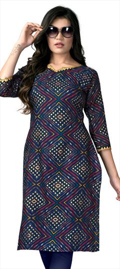 Casual Blue color Kurti in Rayon fabric with Long Sleeve, Straight Printed work : 1813573