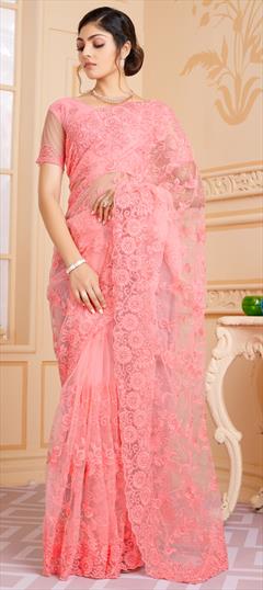 Party Wear, Reception Pink and Majenta color Saree in Net fabric with Classic Embroidered, Moti, Stone, Thread work : 1813574
