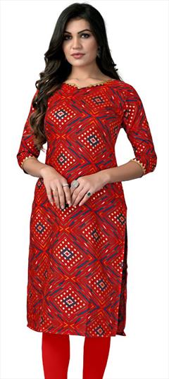 Casual Red and Maroon color Kurti in Rayon fabric with Long Sleeve, Straight Printed work : 1813575