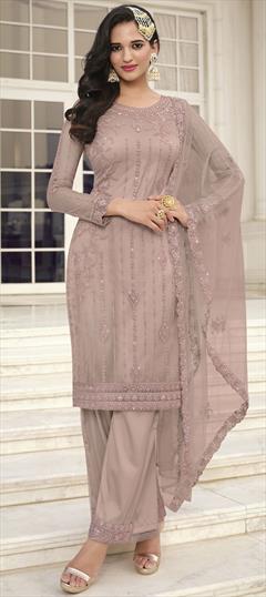 Party Wear, Reception Purple and Violet color Salwar Kameez in Net fabric with Pakistani, Straight Embroidered, Thread work : 1813593