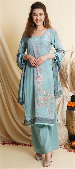 Festive, Party Wear Blue color Salwar Kameez in Crepe Silk fabric with Palazzo, Straight Digital Print, Floral work : 1813607