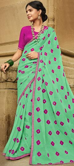 Mehendi Sangeet, Party Wear Green color Saree in Chiffon fabric with Classic Border work : 1813627