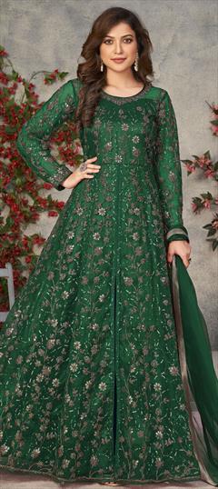 Festive, Party Wear Green color Salwar Kameez in Net fabric with Anarkali Sequence, Thread, Zari work : 1813628