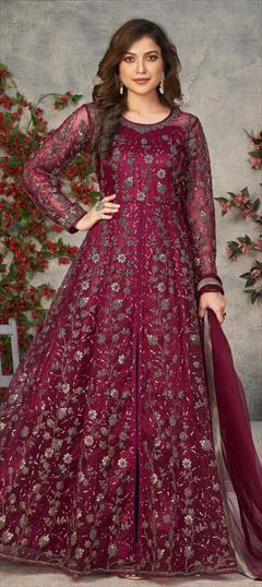 Festive, Party Wear Red and Maroon color Salwar Kameez in Net fabric with Anarkali Sequence, Thread, Zari work : 1813630