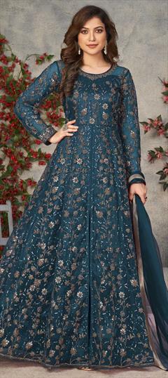 Festive, Party Wear Blue color Salwar Kameez in Net fabric with Anarkali Sequence, Thread, Zari work : 1813631