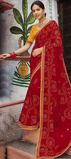 Mehendi Sangeet, Party Wear Red and Maroon color Saree in Georgette fabric with Classic Border, Embroidered work : 1813632