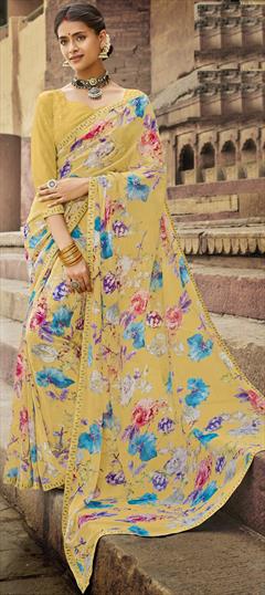 Casual, Party Wear Yellow color Saree in Georgette fabric with Classic Floral, Lace, Printed work : 1813676