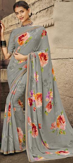 Casual, Party Wear Black and Grey color Saree in Georgette fabric with Classic Floral, Lace, Printed work : 1813694