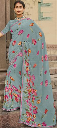 Casual, Party Wear Blue color Saree in Georgette fabric with Classic Floral, Lace, Printed work : 1813698